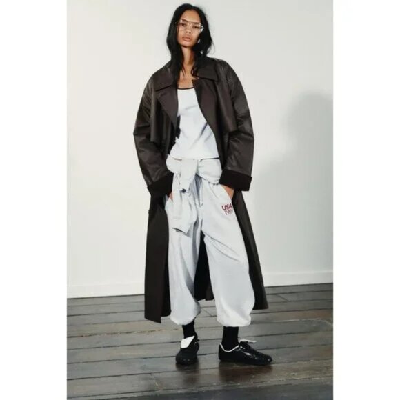 ZARA LONG WAXED TRENCH COAT WITH CORDUROY CUFFS - Picture 2 of 10